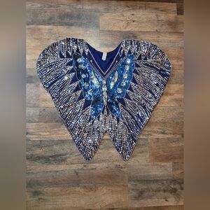 Vintage 80's 100% Silk Blue Butterfly Beaded Sequined Dress Top Size Small